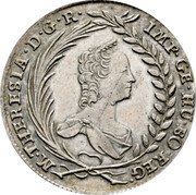 Austria 20 Kreuzer Maria Theresia Hall 1765 KM# 1813 M THERESIA D G R IMP GE HU BO REG coin obverse Austria 20 Kreuzer Maria Theresia Hall 1765 KM# 1813 M THERESIA D G R IMP GE HU BO REG coin obverse
