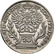 Austria 20 Kreuzer Maria Theresia Hall 1765 KM# 1813 20 ARCHID AUST DUX BU COM TYR coin reverse Austria 20 Kreuzer Maria Theresia Hall 1765 KM# 1813 20 ARCHID AUST DUX BU COM TYR coin reverse