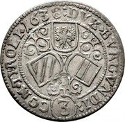 Austria 3 Kreuzer Ferdinand Karl Regency Hall 1638 KM# 851 DVX BVRGVNDI 3 COM TYROLI coin reverse Austria 3 Kreuzer Ferdinand Karl Regency Hall 1638 KM# 851 DVX BVRGVNDI 3 COM TYROLI coin reverse