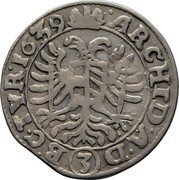 Austria 3 Kreuzer Ferdinand III Vienna 1639 (b) KM# 837 ARCHID A D (3) B C TYR 1639 coin reverse Austria 3 Kreuzer Ferdinand III Vienna 1639 (b) KM# 837 ARCHID A D (3) B C TYR 1639 coin reverse
