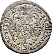 Austria 3 Kreuzer Karl VI Graz 1729 KM# 1627 ARCHID AUST DU (3) X BURG STYRIÆ 1627 coin reverse Austria 3 Kreuzer Karl VI Graz 1729 KM# 1627 ARCHID AUST DU (3) X BURG STYRIÆ 1627 coin reverse
