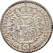 Austria 3 Kreuzer Maria Theresia Hall 1745 KM# 1721 ARCHID AUST DUX (3) BUR COM TYR coin reverse Austria 3 Kreuzer Maria Theresia Hall 1745 KM# 1721 ARCHID AUST DUX (3) BUR COM TYR coin reverse