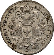 Austria 3 Kreuzer Maria Theresia Hall 1753 KM# 1762.2 ARCH AUST DUX 3 BU COM TYR 1762 coin reverse Austria 3 Kreuzer Maria Theresia Hall 1753 KM# 1762.2 ARCH AUST DUX 3 BU COM TYR 1762 coin reverse