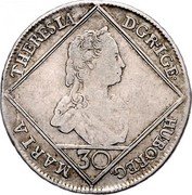 Austria 30 Kreuzer Maria Theresia Vienna 1746 KM# 1740 30 M THERES D G RO IMP GER HUNG&BOH REG coin obverse Austria 30 Kreuzer Maria Theresia Vienna 1746 KM# 1740 30 M THERES D G RO IMP GER HUNG&BOH REG coin obverse