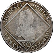 Austria 30 Kreuzer Maria Theresia Hall 1760 KM# 1824 30MARIA THERESIA D G R I GE HU BO REG coin obverse Austria 30 Kreuzer Maria Theresia Hall 1760 KM# 1824 30MARIA THERESIA D G R I GE HU BO REG coin obverse