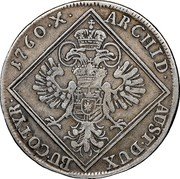 Austria 30 Kreuzer Maria Theresia Hall 1760 KM# 1824 ARCHID AUST DUX BU CO TYR coin reverse Austria 30 Kreuzer Maria Theresia Hall 1760 KM# 1824 ARCHID AUST DUX BU CO TYR coin reverse