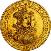 Austria 5 Ducat Wedding of Leopold V and Claudia 1626 KM# 659 LEOPOLD:AR:D:AV:E:CLAVDIA:ARCHIDVCISSA:AV:MEDIC coin obverse Austria 5 Ducat Wedding of Leopold V and Claudia 1626 KM# 659 LEOPOLD:AR:D:AV:E:CLAVDIA:ARCHIDVCISSA:AV:MEDIC coin obverse