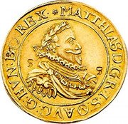 Austria 5 Ducat (Matthias II Vienna) KM# 179 MATTHIAS D G R I S (Λ) AVG G HVN BO REX coin obverse Austria 5 Ducat (Matthias II Vienna) KM# 179 MATTHIAS D G R I S (Λ) AVG G HVN BO REX coin obverse