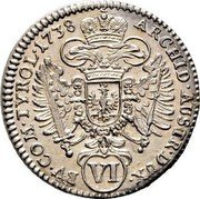 Austria 6 Kreuzer Karl VI Hall 1738 KM# 1615 ARCHID AUSTR DUX (VI) BV COM TYROL 1734 coin reverse Austria 6 Kreuzer Karl VI Hall 1738 KM# 1615 ARCHID AUSTR DUX (VI) BV COM TYROL 1734 coin reverse