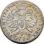 Austria 6 Kreuzer Maria Theresia Hall 1748 KM# 1763 ARCH AUST DUX VI BU COM TYR 1748 coin reverse Austria 6 Kreuzer Maria Theresia Hall 1748 KM# 1763 ARCH AUST DUX VI BU COM TYR 1748 coin reverse