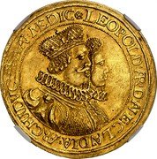Austria 8 Ducat Wedding of Leopold V and Claudia 1626 KM# 662 LEOPOLD AR D AV E CLAVDIA ARCHIDVCISSA AV MEDIC coin obverse Austria 8 Ducat Wedding of Leopold V and Claudia 1626 KM# 662 LEOPOLD AR D AV E CLAVDIA ARCHIDVCISSA AV MEDIC coin obverse