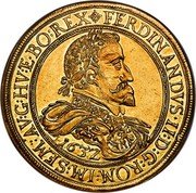 Austria 8 Ducat Ferdinand II St Veit 1632 KM# 795 + FERDINANDVS • II : D : G : ROM : IM : SEM : AV : G : HV : E • BO : REX 163Z coin obverse Austria 8 Ducat Ferdinand II St Veit 1632 KM# 795 + FERDINANDVS • II : D : G : ROM : IM : SEM : AV : G : HV : E • BO : REX 163Z coin obverse