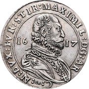 Austria Thaler Crowned Shield Maximilian III 1617 KM# 218.6 MAXIMIL DG AR C CO AV DVX BVR STIR 16 17 coin obverse Austria Thaler Crowned Shield Maximilian III 1617 KM# 218.6 MAXIMIL DG AR C CO AV DVX BVR STIR 16 17 coin obverse