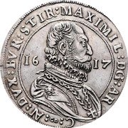 Austria Thaler Maximilian III Crowned Shield 1617 KM# 218.5 MAXIMIL DG AR C AV DVX BVR STIR 16 17 coin obverse Austria Thaler Maximilian III Crowned Shield 1617 KM# 218.5 MAXIMIL DG AR C AV DVX BVR STIR 16 17 coin obverse
