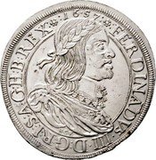 Austria Thaler Ferdinand III Graz 1657 HCK KM# 1003 FERDINANDVS III D G R I S A G H B REX HCK coin obverse Austria Thaler Ferdinand III Graz 1657 HCK KM# 1003 FERDINANDVS III D G R I S A G H B REX HCK coin obverse