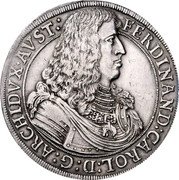 Austria Thaler Ferdinand Karl Hall 1662 KM# 932.4 FERDINAND CAROL D G ARCHIDVX AVST coin obverse Austria Thaler Ferdinand Karl Hall 1662 KM# 932.4 FERDINAND CAROL D G ARCHIDVX AVST coin obverse