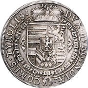 Austria Thaler Ferdinand Karl Hall 1662 KM# 932.4 1622 DVX BVRGVNDIAE COMES TYROLIS coin reverse Austria Thaler Ferdinand Karl Hall 1662 KM# 932.4 1622 DVX BVRGVNDIAE COMES TYROLIS coin reverse
