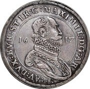 Austria Thaler Maximilian III Hall 1617 KM# 218.4 MAXIMIL D G ARC CO AV DVX BVR STIR coin obverse Austria Thaler Maximilian III Hall 1617 KM# 218.4 MAXIMIL D G ARC CO AV DVX BVR STIR coin obverse