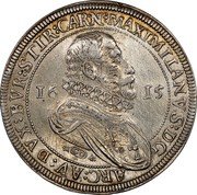 Austria Thaler Maximilian III 1615 CO KM# 188.4 MAXIMILIAMV S DG ARCH AV DVX BVR STIR CARN 16 14 coin obverse