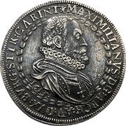 Austria Thaler Maximilian III Hall 1613 KM# 166 MAXIMILIANVS D G ARCH AV DVX BVRG STIR CARINT coin obverse Austria Thaler Maximilian III Hall 1613 KM# 166 MAXIMILIANVS D G ARCH AV DVX BVRG STIR CARINT coin obverse