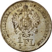 Austria 1/4 Florin Franz Joseph I 1860 B KM# 2214 HVNG· BOH· LOMB· ET VEN· 1/4 FL GAL· LOD· ILL· REX A· A· coin reverse Austria 1/4 Florin Franz Joseph I 1860 B KM# 2214 HVNG· BOH· LOMB· ET VEN· 1/4 FL GAL· LOD· ILL· REX A· A· coin reverse
