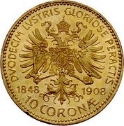 Austria 10 Corona 60th Anniversary of the Reign of Franz Joseph I 1908 KM# 2810 DUODECIM LUSTRIS GLORIOSE PERACTIS 1848 1908 10 CORONÆ coin reverse Austria 10 Corona 60th Anniversary of the Reign of Franz Joseph I 1908 KM# 2810 DUODECIM LUSTRIS GLORIOSE PERACTIS 1848 1908 10 CORONÆ coin reverse