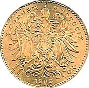 Austria 10 Corona Franz Joseph I 1909 MDCCCCIX KM# 2815 X CORONA MDCCCIX 10 1909 COR. coin reverse Austria 10 Corona Franz Joseph I 1909 MDCCCCIX KM# 2815 X CORONA MDCCCIX 10 1909 COR. coin reverse