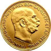 Austria 10 Corona Franz Joseph I 1912 MDCCCCXII Restrike KM# 2816 FRANC JOS I D G IMP AVSTR REX BOH GAL ILL ETC ET AP REX HVNG ST SCHWARTZ coin obverse Austria 10 Corona Franz Joseph I 1912 MDCCCCXII Restrike KM# 2816 FRANC JOS I D G IMP AVSTR REX BOH GAL ILL ETC ET AP REX HVNG ST SCHWARTZ coin obverse