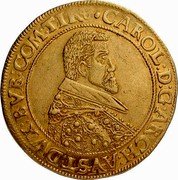 Austria 10 Ducat Karl 1618 UBS Auction 50, 1-01, nearly XF realized approximately 12,150 dol. KM# 20 CAROL D G ARCH AVST DVX BVR COM TIR coin obverse Austria 10 Ducat Karl 1618 UBS Auction 50, 1-01, nearly XF realized approximately 12,150 dol. KM# 20 CAROL D G ARCH AVST DVX BVR COM TIR coin obverse