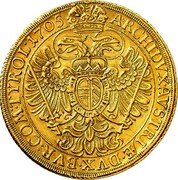 Austria 10 Ducat Joseph I 1705 IMH KM# 1455 ARCHIDVX • AVSTRIÆ • DVX • BVR : COM : TYROL ° 1705 coin reverse Austria 10 Ducat Joseph I 1705 IMH KM# 1455 ARCHIDVX • AVSTRIÆ • DVX • BVR : COM : TYROL ° 1705 coin reverse