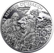 Austria 10 Euro (Charlemagne in the Untersberg) KM# 3186 REPUBLIK ÖSTERREICH UNTERSBERG 2010 10 EURO coin obverse