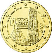 Austria 10 Euro Cent Stephansdom - member map 2007 Proof KM# 3085 10 EURO CENT 2002 coin obverse Austria 10 Euro Cent Stephansdom - member map 2007 Proof KM# 3085 10 EURO CENT 2002 coin obverse