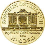 Austria 10 Euro Vienna Philarmonia 2014 KM# 3092 REPUBLIK ÖSTERREICH 1/10 OZ UNZE GOLD 9999 2014 10 EURO coin obverse Austria 10 Euro Vienna Philarmonia 2014 KM# 3092 REPUBLIK ÖSTERREICH 1/10 OZ UNZE GOLD 9999 2014 10 EURO coin obverse