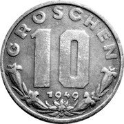 Austria 10 Groschen 1949 KM# 2874 Post WWII Decimal Coinage GROSCHEN 10 1949 coin reverse Austria 10 Groschen 1949 KM# 2874 Post WWII Decimal Coinage GROSCHEN 10 1949 coin reverse