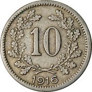 Austria 10 Heller Franz Joseph I shield with lion and stars 1916 KM# 2822 10 1915 coin reverse Austria 10 Heller Franz Joseph I shield with lion and stars 1916 KM# 2822 10 1915 coin reverse