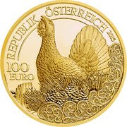 Austria 100 Euro Wildlife in our sights - Capercaillie 2015 Proof KM# 3246 2015 REPUBLIK ÖSTERREICH coin obverse Austria 100 Euro Wildlife in our sights - Capercaillie 2015 Proof KM# 3246 2015 REPUBLIK ÖSTERREICH coin obverse