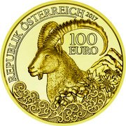 Austria 100 Euro Wildlife in our sights - Alpinus 2017 Proof KM# 3274 100 EURO 2017 REPUBLIK ÖSTERREICH coin obverse Austria 100 Euro Wildlife in our sights - Alpinus 2017 Proof KM# 3274 100 EURO 2017 REPUBLIK ÖSTERREICH coin obverse