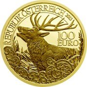 Austria 100 Euro Wildlife in our sights - The Red Deer 2013 Proof KM# 3225 100 EURO 2013 REPUBLIK ÖSTERREICH coin obverse Austria 100 Euro Wildlife in our sights - The Red Deer 2013 Proof KM# 3225 100 EURO 2013 REPUBLIK ÖSTERREICH coin obverse