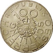 Austria 100 Schilling 175th Birthday of singer Johann Nestroy 1976 KM# 2932 REPUBLIK OESTERREICH 100 SCHILLING coin obverse