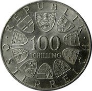 Austria 100 Schilling 150th Anniversary of birth of Johann Strauss 1975 KM# 2923 100 SCHILLING REPUBLIK ÖSTERREICH coin obverse Austria 100 Schilling 150th Anniversary of birth of Johann Strauss 1975 KM# 2923 100 SCHILLING REPUBLIK ÖSTERREICH coin obverse