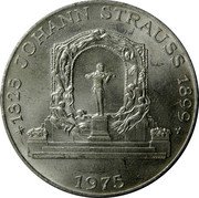 Austria 100 Schilling 150th Anniversary of birth of Johann Strauss 1975 KM# 2923 *1825 JOHANN STRAUSS 1899* 1975 coin reverse Austria 100 Schilling 150th Anniversary of birth of Johann Strauss 1975 KM# 2923 *1825 JOHANN STRAUSS 1899* 1975 coin reverse