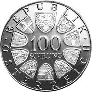 Austria 100 Schilling 200 Years Burgtheater 1976 KM# 2930 100 SCHILLING REPUBLIK ÖSTERREICH coin obverse Austria 100 Schilling 200 Years Burgtheater 1976 KM# 2930 100 SCHILLING REPUBLIK ÖSTERREICH coin obverse