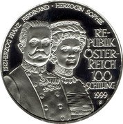 Austria 100 Schilling Archduke Franz Ferdinand and Sophie 1999 Proof KM# 3059 HERZHERZOG FRANZ FERDINAND HERZOGIN SOPHIE RE PUBLIK ÖSTER REICH 100 SCHILLING 1999 coin obverse