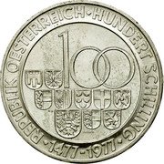 Austria 100 Schilling 500th Anniversary - Hall Mint 1977 Special Unc KM# 2936 100 REPUBLIK OESTERREICH HUNDERT SCHILLING 1477 1977 coin obverse