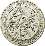 Austria 100 Schilling 500th Anniversary - Hall Mint 1977 Special Unc KM# 2936 EVROPA CENT V MON CIV HAL TIR H A CELEBRAT 1977 coin reverse