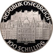 Austria 100 Schilling Mozart - Salzburg 1991 Proof KM# 2996 REPUBLIK ÖSTERREICH 100 SCHILLING coin obverse Austria 100 Schilling Mozart - Salzburg 1991 Proof KM# 2996 REPUBLIK ÖSTERREICH 100 SCHILLING coin obverse