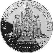 Austria 100 Schilling King Rudolf I 1991 Proof KM# 3001 REPVBLIK ÖSTERREICH 1991 100 SCHILLING coin obverse Austria 100 Schilling King Rudolf I 1991 Proof KM# 3001 REPVBLIK ÖSTERREICH 1991 100 SCHILLING coin obverse