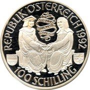 Austria 100 Schilling King Maximilian I 1992 Proof KM# 3003 REPUBLIK ÖSTERREICH 1992 TU FELIX AUSTRIA NUBE 100 SCHILLING coin obverse