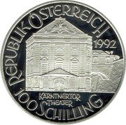 Austria 100 Schilling 150 Years of Viena Philarmonic 1992 Proof KM# 3005 REPUBLIK ÖSTERREICH 1992 KÄRNTNERTOR THEATER 100 SCHILLING coin obverse