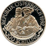 Austria 100 Schilling Emperor Karl V 1992 Proof KM# 3007 REPUBLIK ÖSTERREICH 1992 PHILLIP II FERDINAND II 100 SCHILLING coin obverse